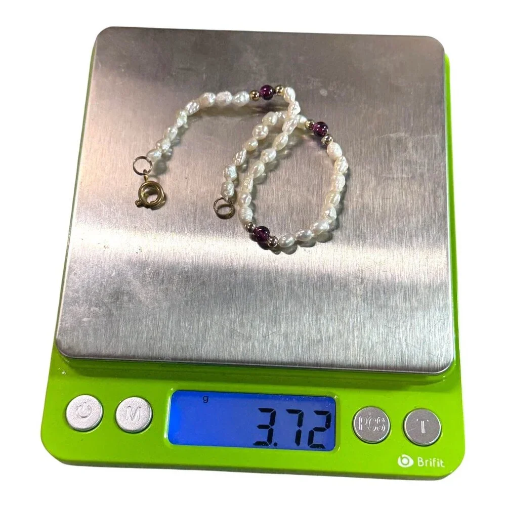Freshwater Seed Pearl & Garnet Gemstone Beaded Bracelet W/ Gold Accents 7.5" - Picture 6 of 7